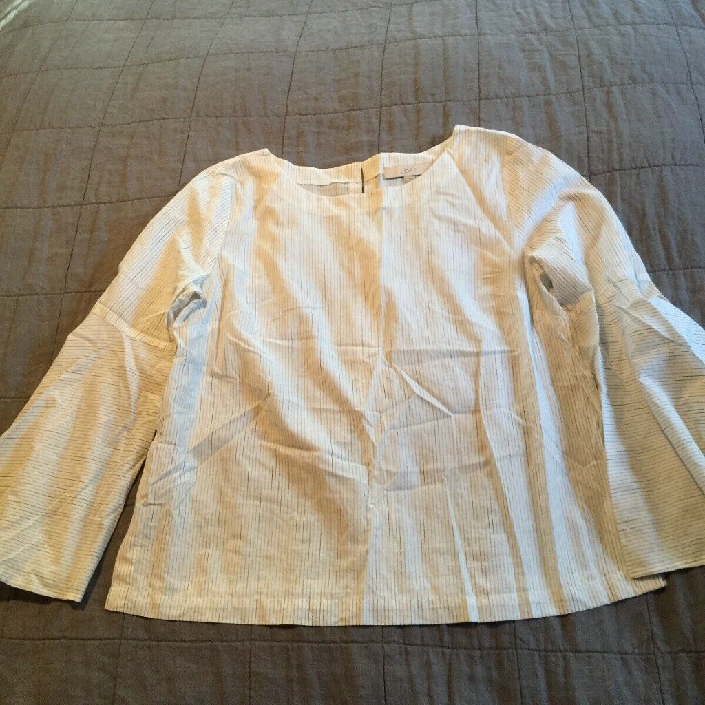 Euc Loft White Striped Bell Lantern Sleeve Blouse